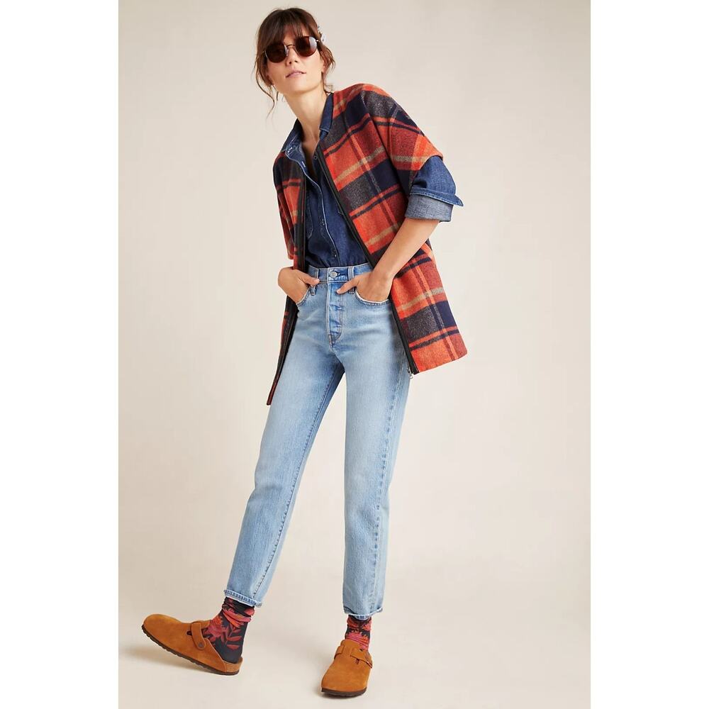 Anthropologie Andersen & Lauth Annie Capelet Erica, One Size, Orange/Navy Plaid - Picture 2 of 15
